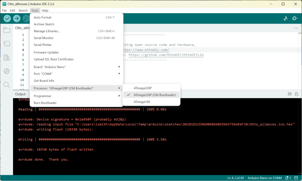 Screenshot Arduino Download Problem for Otto Robot