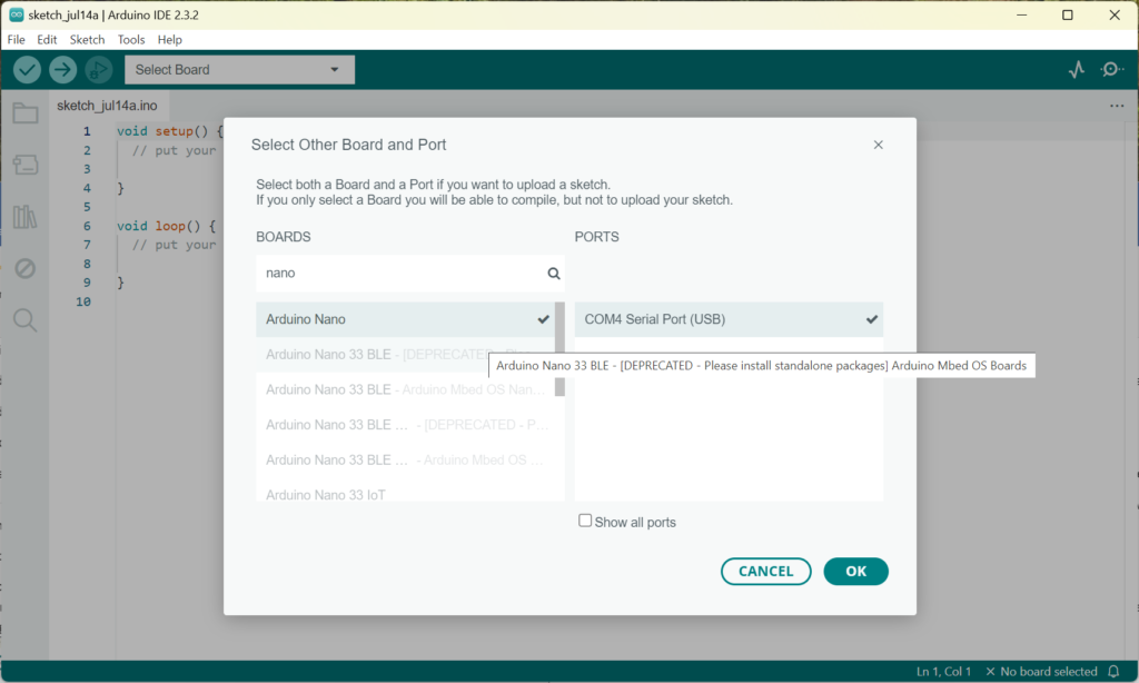 Screenshot Arduino Select Board for DIY Otto Robot