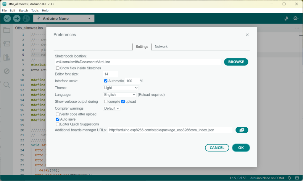 Screenshot Arduino Otto Robot Show Verbose Upload Information